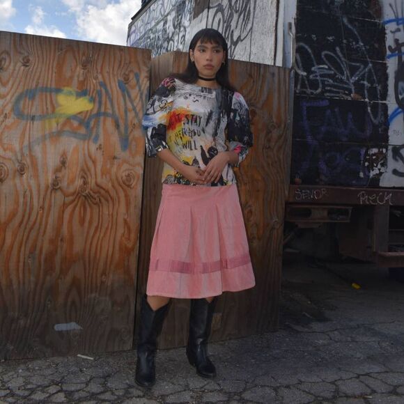 Ella Moss Pink Velvet Pleated Midi Skirt- 4 - Picture 4 of 8